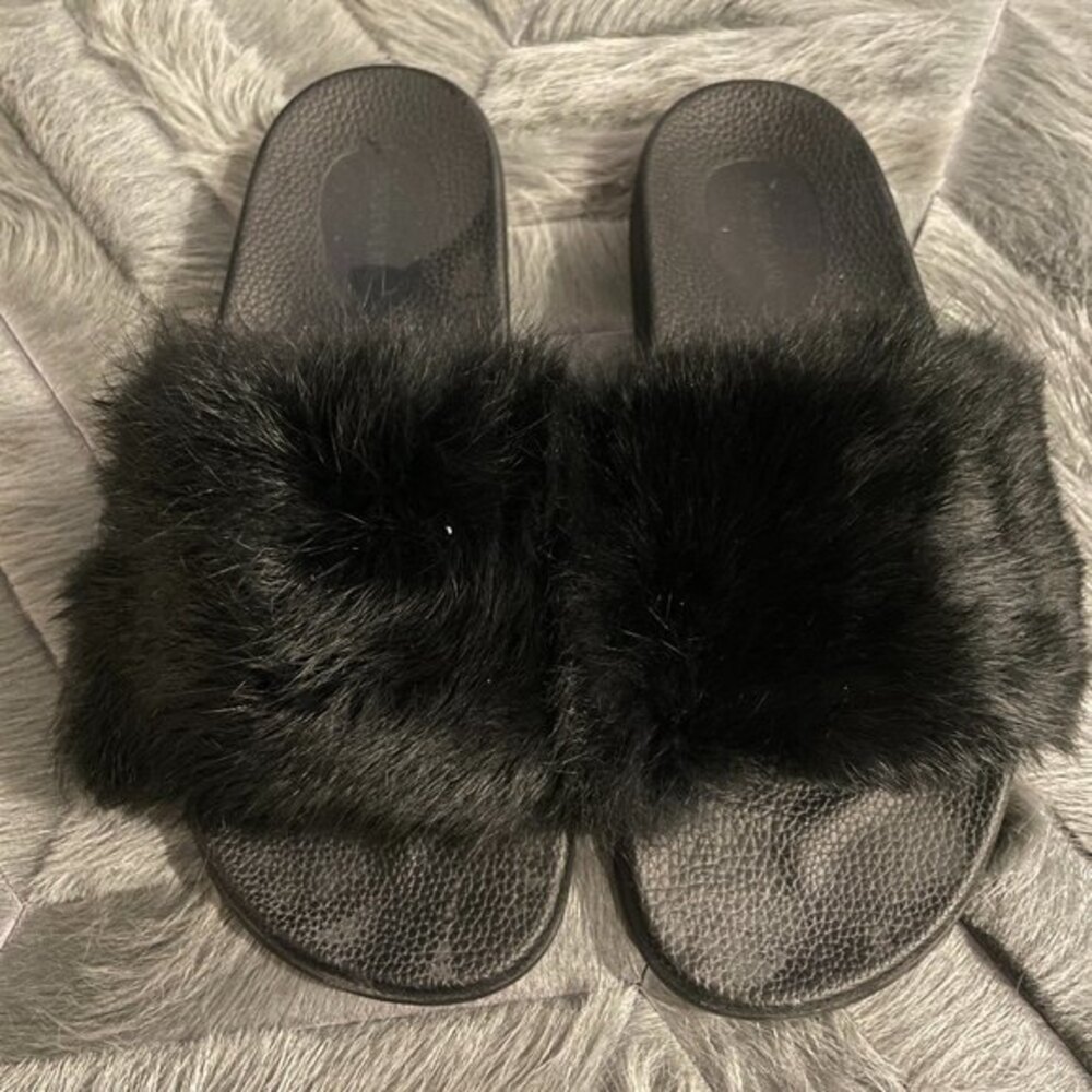 Maiden Lane Open Toe Fur Slip-On Slippers Black Size 11 - Picture 2 of 8